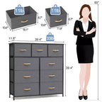 Commode en tissu extra large à 9 tiroirs pour chambre à coucher, tour de rangement pour vêtements avec cadre en acier robuste, plateau en bois et poignées en bois, bacs faciles à tirer