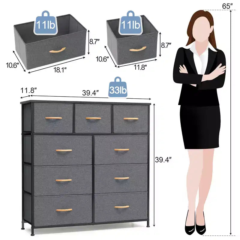 Commode en tissu extra large à 9 tiroirs pour chambre à coucher, tour de rangement pour vêtements avec cadre en acier robuste, plateau en bois et poignées en bois, bacs faciles à tirer