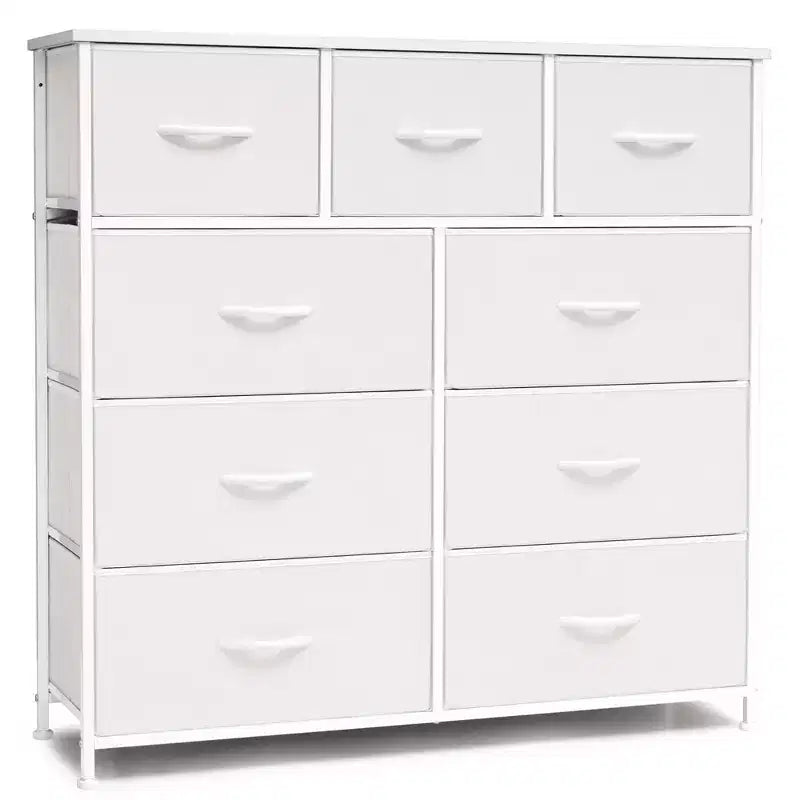 Commode en tissu extra large à 9 tiroirs pour chambre à coucher, tour de rangement pour vêtements avec cadre en acier robuste, plateau en bois et poignées en bois, bacs faciles à tirer