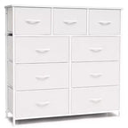 Commode en tissu extra large à 9 tiroirs pour chambre à coucher, tour de rangement pour vêtements avec cadre en acier robuste, plateau en bois et poignées en bois, bacs faciles à tirer