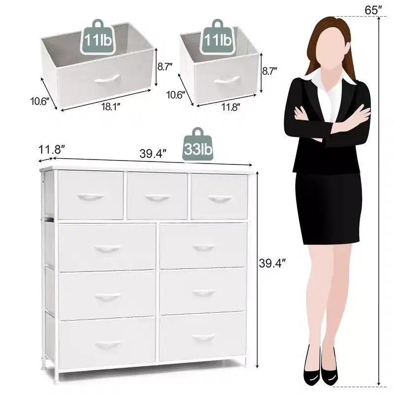 Commode en tissu extra large à 9 tiroirs pour chambre à coucher, tour de rangement pour vêtements avec cadre en acier robuste, plateau en bois et poignées en bois, bacs faciles à tirer