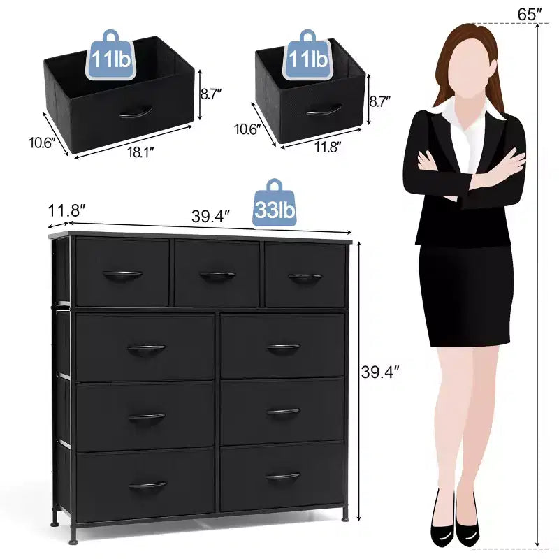 Commode en tissu extra large à 9 tiroirs pour chambre à coucher, tour de rangement pour vêtements avec cadre en acier robuste, plateau en bois et poignées en bois, bacs faciles à tirer