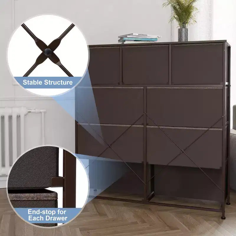 Commode en tissu extra large à 9 tiroirs pour chambre à coucher, tour de rangement pour vêtements avec cadre en acier robuste, plateau en bois et poignées en bois, bacs faciles à tirer
