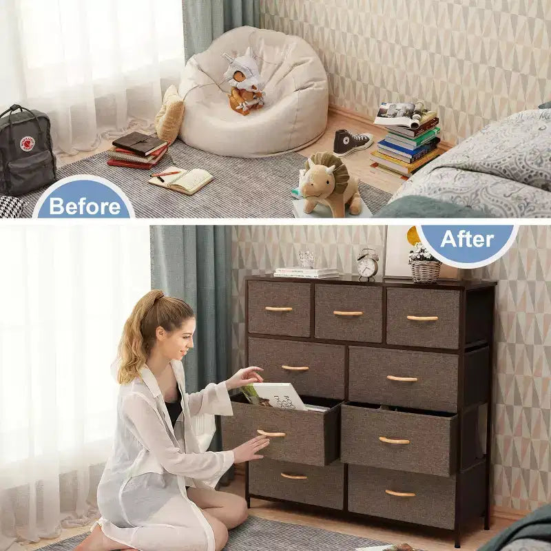 Commode en tissu extra large à 9 tiroirs pour chambre à coucher, tour de rangement pour vêtements avec cadre en acier robuste, plateau en bois et poignées en bois, bacs faciles à tirer