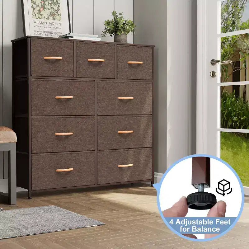 Commode en tissu extra large à 9 tiroirs pour chambre à coucher, tour de rangement pour vêtements avec cadre en acier robuste, plateau en bois et poignées en bois, bacs faciles à tirer