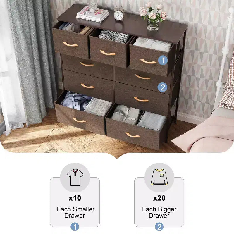 Commode en tissu extra large à 9 tiroirs pour chambre à coucher, tour de rangement pour vêtements avec cadre en acier robuste, plateau en bois et poignées en bois, bacs faciles à tirer