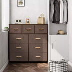 Commode en tissu extra large à 9 tiroirs pour chambre à coucher, tour de rangement pour vêtements avec cadre en acier robuste, plateau en bois et poignées en bois, bacs faciles à tirer