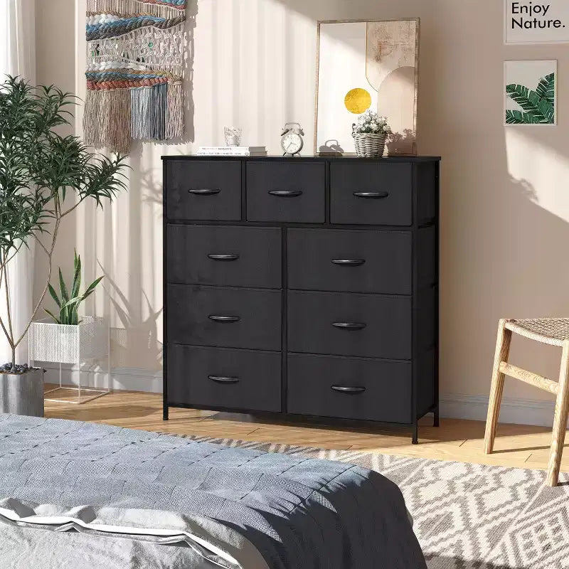 Crestlive Products 9-Drawer Extra Wide Fabric Dresser for Bedroom Clothes Storage Tower with Sturdy Steel Frame Wood Top Easy Pull Bins Wood Handles