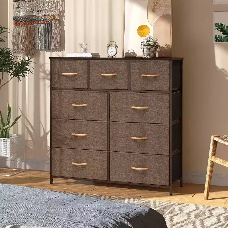 Commode en tissu extra large à 9 tiroirs pour chambre à coucher, tour de rangement pour vêtements avec cadre en acier robuste, plateau en bois et poignées en bois, bacs faciles à tirer