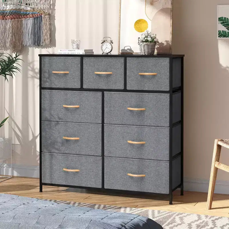 Commode en tissu extra large à 9 tiroirs pour chambre à coucher, tour de rangement pour vêtements avec cadre en acier robuste, plateau en bois et poignées en bois, bacs faciles à tirer