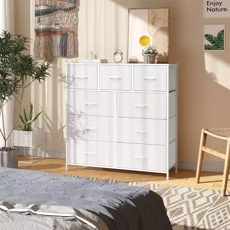 Commode en tissu extra large à 9 tiroirs pour chambre à coucher, tour de rangement pour vêtements avec cadre en acier robuste, plateau en bois et poignées en bois, bacs faciles à tirer