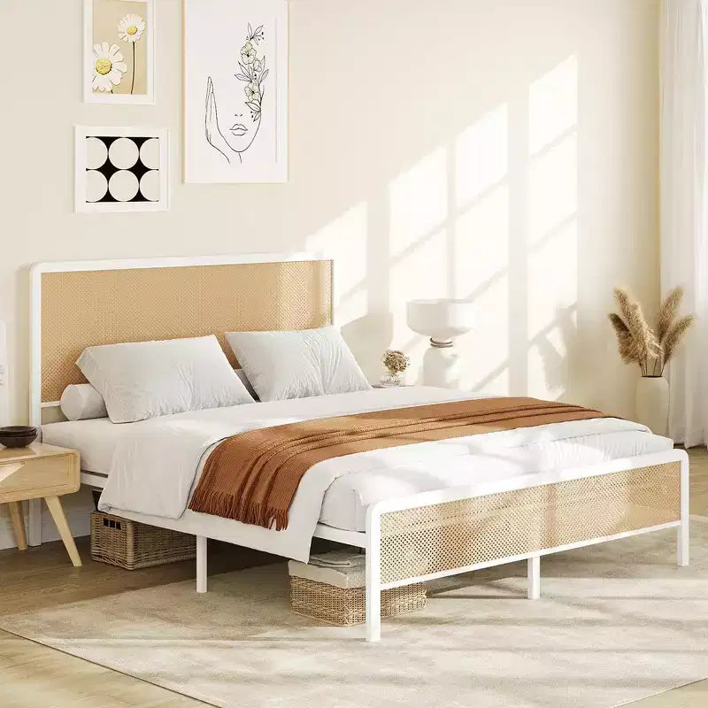 Full/Queen Size Rattan Bed Frame with Led Light Headboard