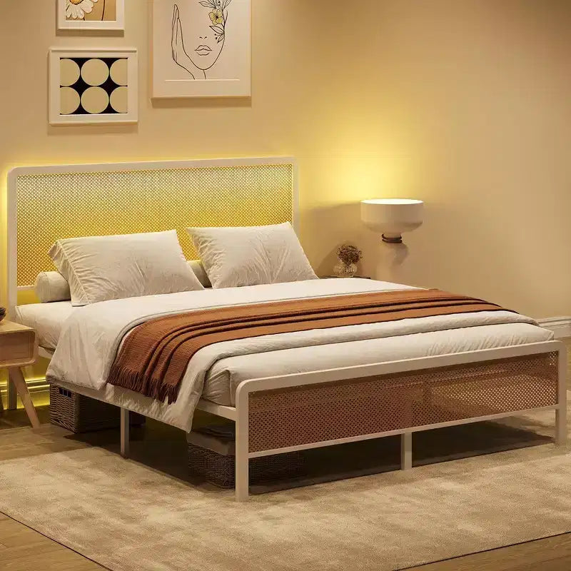 Full/Queen Size Rattan Bed Frame with Led Light Headboard