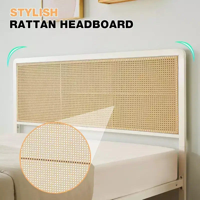 Full/Queen Size Rattan Bed Frame with Led Light Headboard