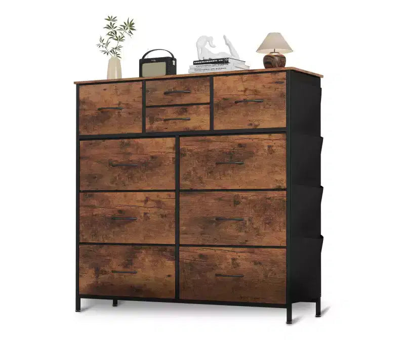 10-Drawer Fabric Dresser Storage Organizer Steel Frame with Wooden Top Side Pockets Rustic Brown