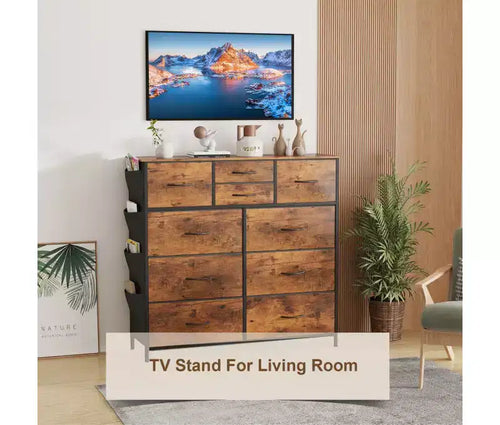 10-Drawer Fabric Dresser Storage Organizer Steel Frame with Wooden Top Side Pockets Rustic Brown