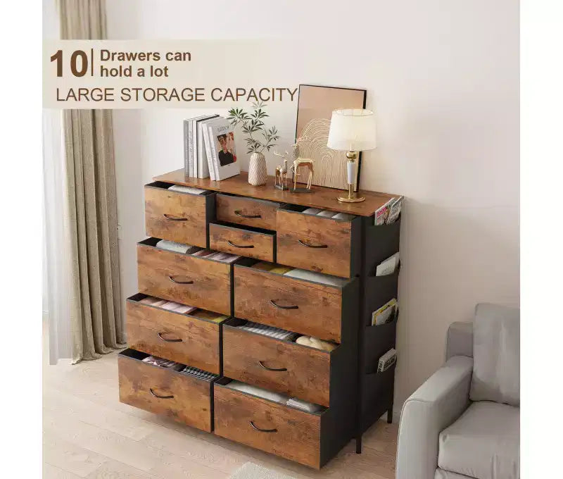 Commode de Rangement à 10 Tiroirs en Tissu avec Cadre en Acier, Plateau en Bois et Poches Latérales Marron Rustique