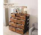 Commode de Rangement à 10 Tiroirs en Tissu avec Cadre en Acier, Plateau en Bois et Poches Latérales Marron Rustique
