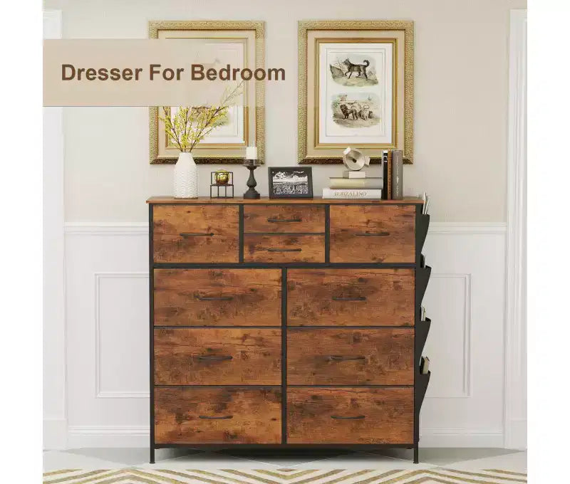 Commode de Rangement à 10 Tiroirs en Tissu avec Cadre en Acier, Plateau en Bois et Poches Latérales Marron Rustique