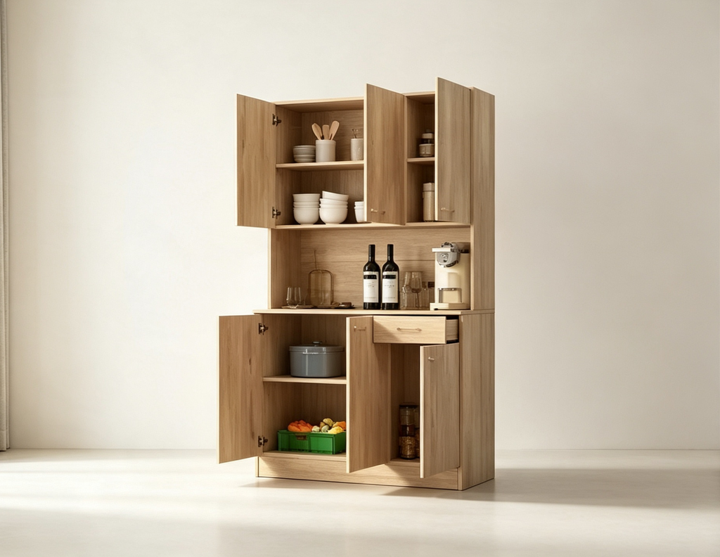 Meuble de rangement 6 portes, armoire et meuble de cuisine de 1,80 m de haut avec tiroir et étagère ouverte, meuble de cuisine et armoire de chambre en MDF