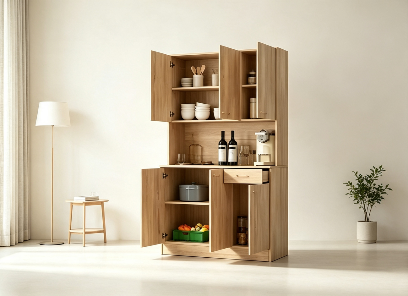Meuble de rangement 6 portes, armoire et meuble de cuisine de 1,80 m de haut avec tiroir et étagère ouverte, meuble de cuisine et armoire de chambre en MDF